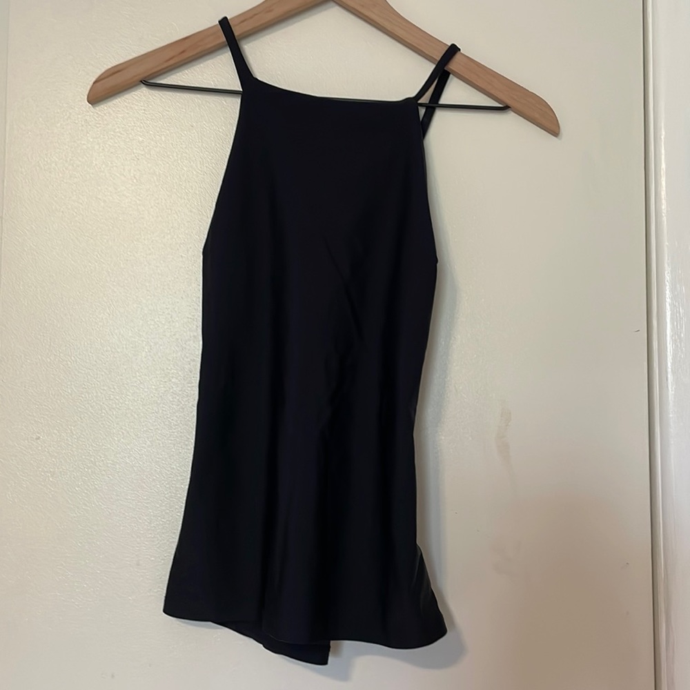 Black Old Navy high neck swim top with adjustable straps and shelf bra, size S